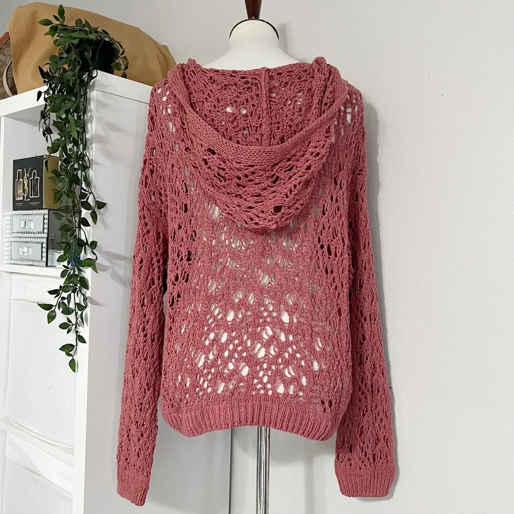 Zara Women's Pink Crochet Open‎ Knit Hooded Sweatshirt Size Small